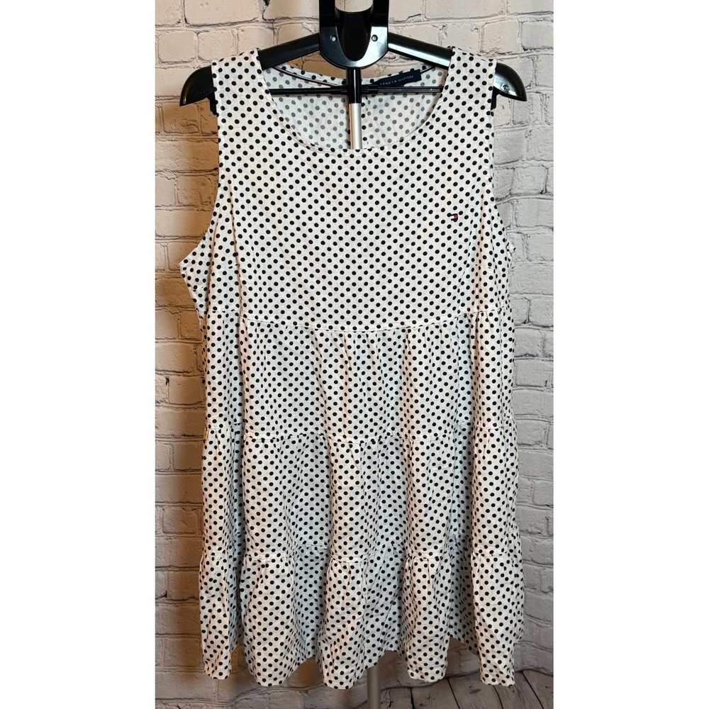 Tommy Hilfiger Womens XL Polka Dot Tiered Linen‎ Blend Sleeveless Dress White